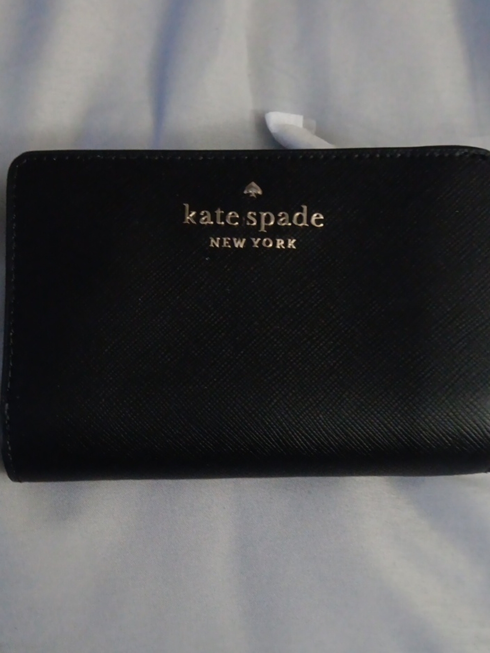 kate spade Black Saffiano Leather Zip Wallet with Gold Logo